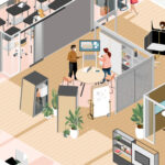 A graphical representation of an office environment where many employees are seen busy with their work, there are many cabinets occupied with tables, notepads, flowerpots and laptops.