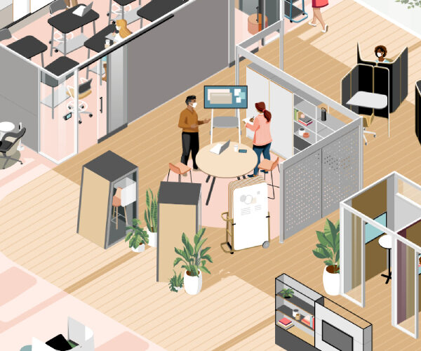 A graphical representation of an office environment where many employees are seen busy with their work, there are many cabinets occupied with tables, notepads, flowerpots and laptops.